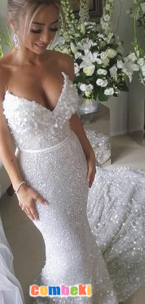 White Sequin Applique Strapless Mermaid Train Wedding Dresses The wedding dresses are fully lined, 4 bones in the bodice, chest pad in the bust, lace up back or zipper back are all available, 