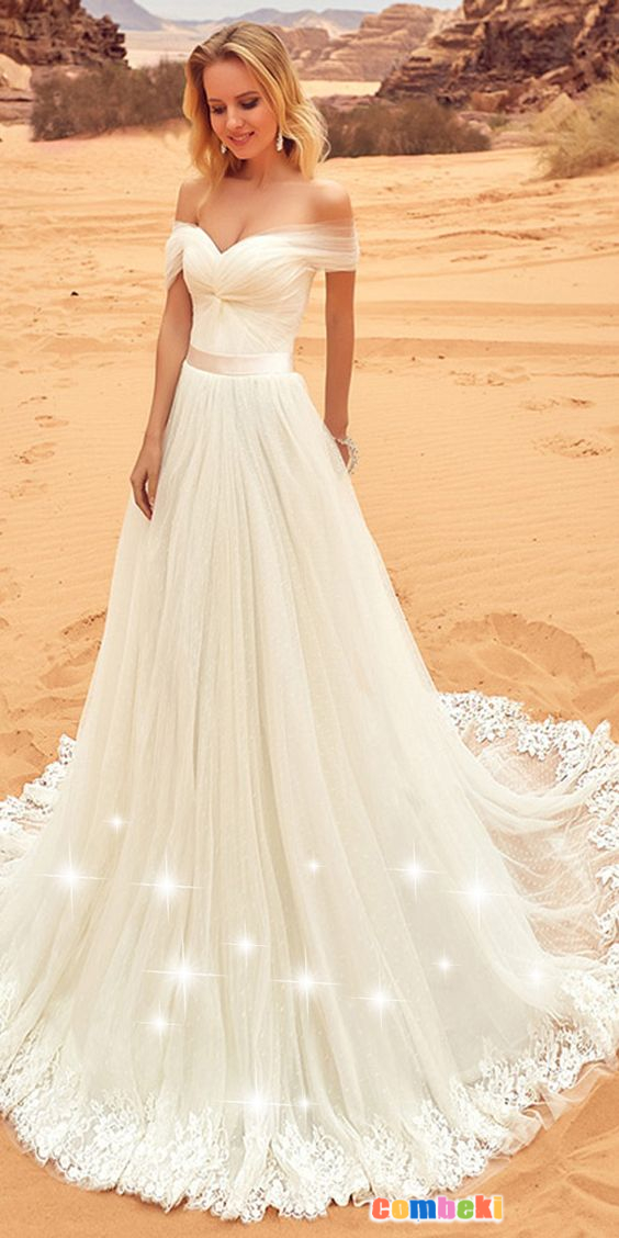 Fantastic Tulle Off-the-shoulder Neckline A-line Wedding Dress With Lace AppliquesFabric: TulleDetails