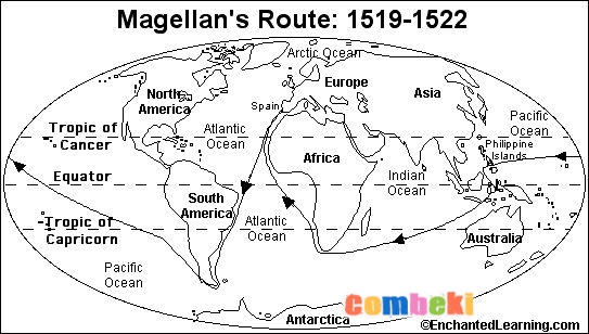 Magellan'ın sefer rotasını gösteren harita